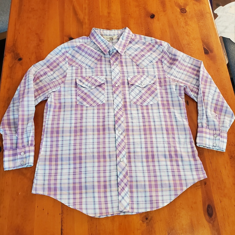 Sears Vintage Pearl Snap Purple Plaid Button Down Long Sleeve Boys Size 16